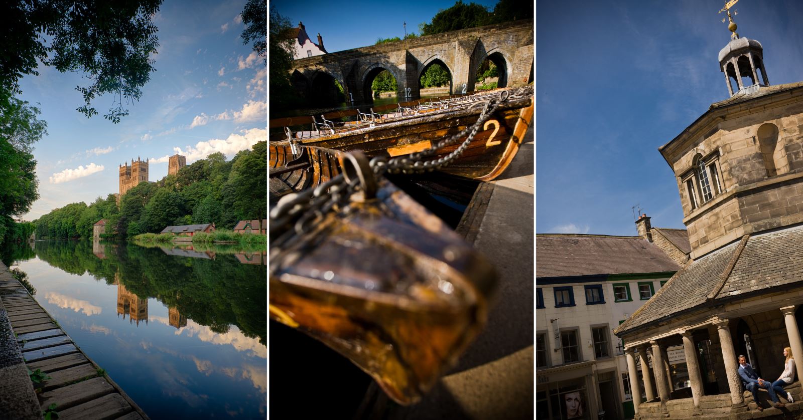 left to right - view of Durham Cathedral overlooking River Wear, rowing boats on river wear, Durham City and couple sitting in Barnard Castle market place 